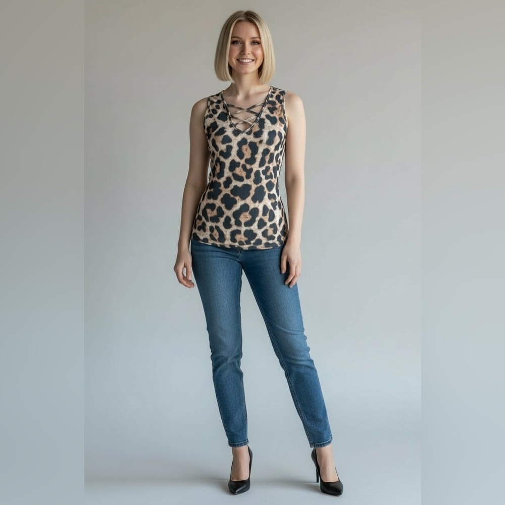 Leopard Print Crisscross V-Neck Ribbed Stretch Tank Top
